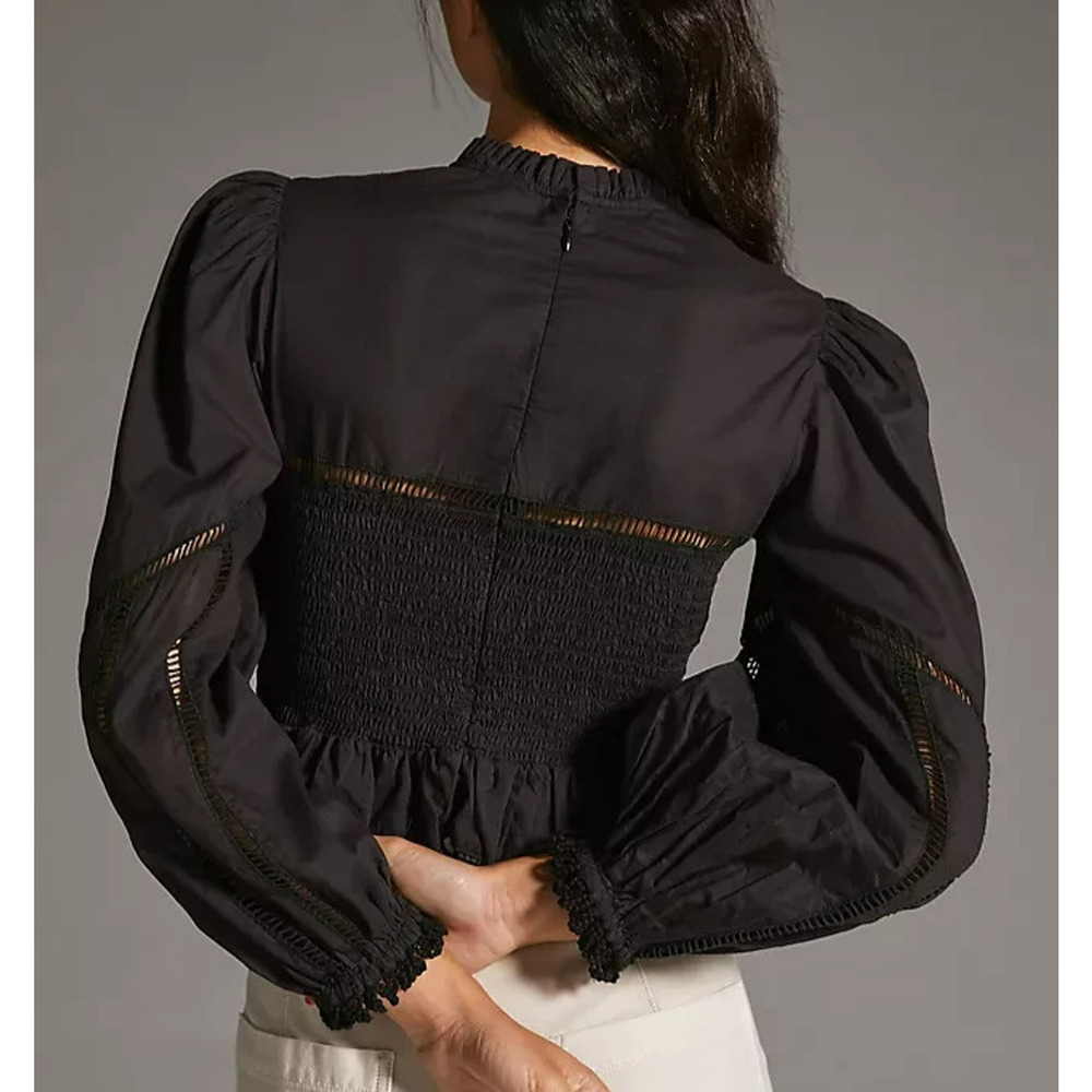 Anthropologie Farm Rio Smocked Blouse Size Medium Black Lace Victorian Gothic - Picture 11 of 16